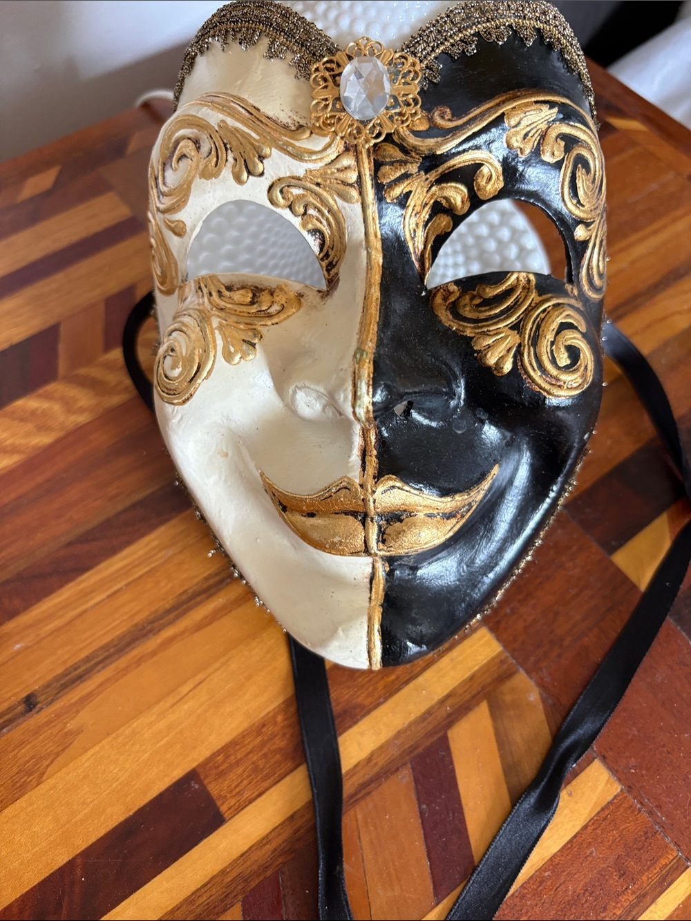 Decorative Two-Tone Venetian Mask in Black and Cream with Gold Accents